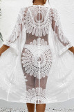 Sexy Solid Color Lace Lace Up Embroidery Swimwears Cover Up