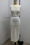 Sexy Solid Color Hook Flower Hollow Out Slit O Neck Sleeveless Two Pieces