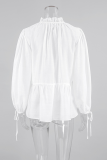 Casual Solid Color Lace Up Buttons Mandarin Collar Tops