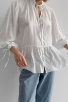 Casual Solid Color Lace Up Buttons Mandarin Collar Tops