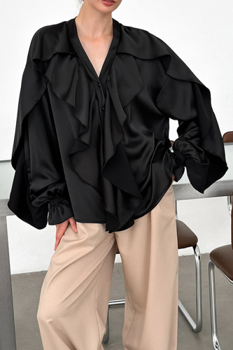 Casual Solid Color Ruffle V Neck Tops