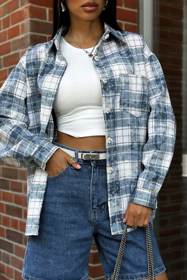 Casual Plaid Distressed Buttons Turndown Collar Tops