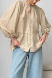 Casual Solid Color Lace Up Buttons Mandarin Collar Tops
