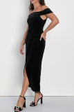 Sexy Solid Color Slit Irregular Zipper Velvet Off Shoulder Evening Dresses
