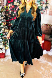 Casual Solid Color Patchwork Ruffle Velvet V Neck A Line Dresses