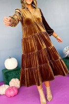 Casual Solid Color Patchwork Ruffle Velvet V Neck A Line Dresses