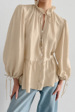 Casual Solid Color Lace Up Buttons Mandarin Collar Tops