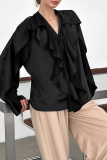 Casual Solid Color Ruffle V Neck Tops
