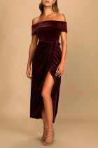 Sexy Solid Color Slit Irregular Zipper Velvet Off Shoulder Evening Dresses