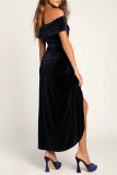 Sexy Solid Color Slit Irregular Zipper Velvet Off Shoulder Evening Dresses