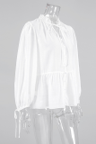 Casual Solid Color Lace Up Buttons Mandarin Collar Tops
