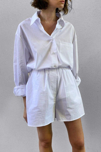 Casual Solid Color Pocket Buttons Turndown Collar Long Sleeve Two Pieces