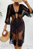 Sexy Solid Color Lace Lace Up Embroidery Swimwears Cover Up