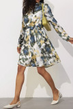 Elegant Splashed ink printing Buckle Contrast Turndown Collar Shirt Dresses