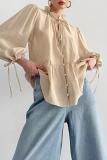 Casual Solid Color Lace Up Buttons Mandarin Collar Tops