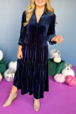 Casual Solid Color Patchwork Ruffle Velvet V Neck A Line Dresses