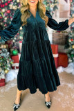 Casual Solid Color Patchwork Ruffle Velvet V Neck A Line Dresses