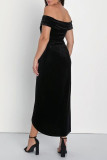 Sexy Solid Color Slit Irregular Zipper Velvet Off Shoulder Evening Dresses