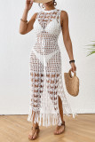 Sexy Vacation Solid Color Backless Slit Fringed Hem Swimwears Cover Up