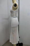 Sexy Solid Color Hook Flower Hollow Out Slit O Neck Sleeveless Two Pieces
