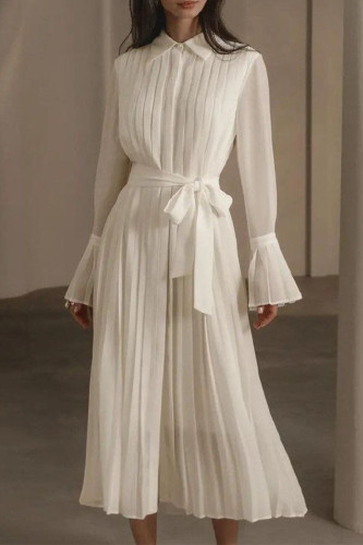 Elegant Solid Color Lace Up Pleated Shirt Collar Pleated Dresses
