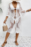 Sexy Solid Color Lace Lace Up Embroidery Swimwears Cover Up