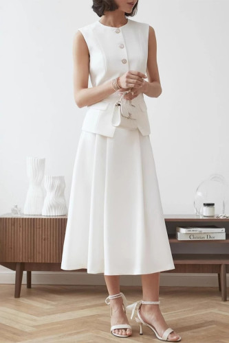 Celebrities Elegant Solid Color Buttons O Neck Sleeveless Two Pieces