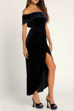 Sexy Solid Color Slit Irregular Zipper Velvet Off Shoulder Evening Dresses