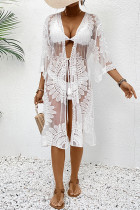 Sexy Solid Color Lace Lace Up Embroidery Swimwears Cover Up