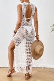 Sexy Vacation Solid Color Backless Slit Fringed Hem Swimwears Cover Up
