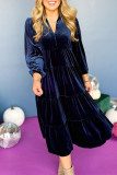 Casual Solid Color Patchwork Ruffle Velvet V Neck A Line Dresses