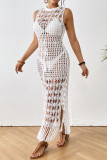 Sexy Vacation Solid Color Backless Slit Fringed Hem Swimwears Cover Up