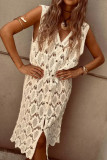 Sexy Solid Color Hook Flower Hollow Out Buttons V Neck Sleeveless Dresses