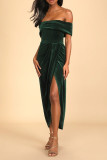 Sexy Solid Color Slit Irregular Zipper Velvet Off Shoulder Evening Dresses