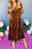 Casual Solid Color Patchwork Ruffle Velvet V Neck A Line Dresses