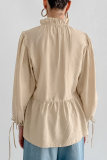 Casual Solid Color Lace Up Buttons Mandarin Collar Tops
