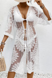 Sexy Solid Color Lace Lace Up Embroidery Swimwears Cover Up