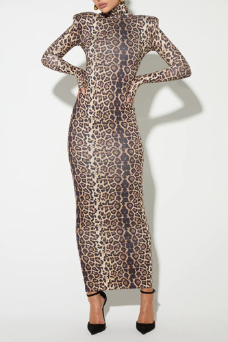 Casual Leopard Contrast Turtleneck Printed Dresses