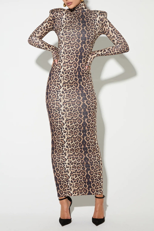 Casual Leopard Contrast Turtleneck Printed Dresses