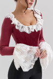 Sexy Solid Color Lace Ruffle U Neck Tops