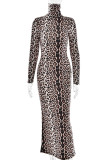 Casual Leopard Contrast Turtleneck Printed Dresses