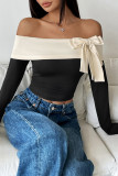 Sexy Solid Color Bow Decor Off Shoulder Tops