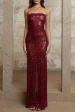 Sexy Solid Color Sequins Slit Sequined Strapless Long Dresses
