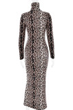 Casual Leopard Contrast Turtleneck Printed Dresses
