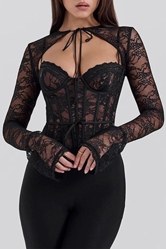Sexy Solid Color Lace Lace Up O Neck Tops