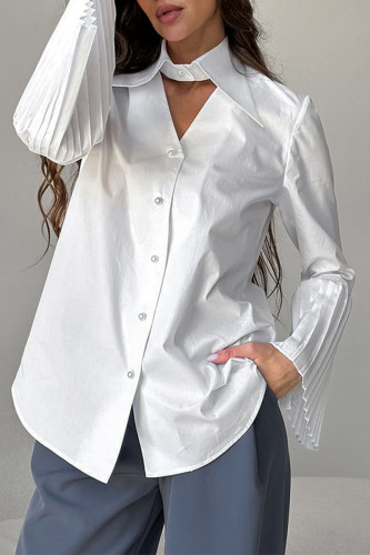Elegant Solid Color Buttons Pleated Turndown Collar Tops