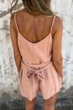 Casual Solid Color Pocket Lace Up Buttons V Neck Loose Rompers