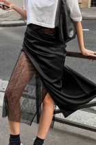 Sexy Lace Ruched Irregular Regular High Waist Straight Solid Color Bottoms