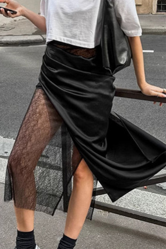 Sexy Lace Ruched Irregular Regular High Waist Straight Solid Color Bottoms