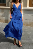 Sexy Solid Color Lace Up Backless Ruffle V Neck A Line Dresses